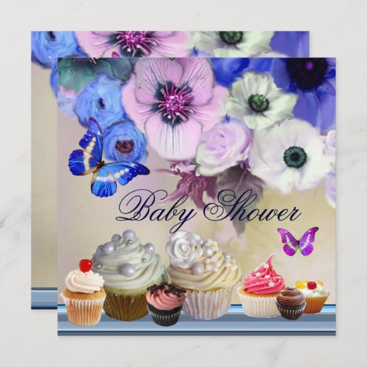 BUTTERFLY,ROSE,BLUME,KUPFKEN Blue Baby Dusche Einladung (Vorne/Hinten)