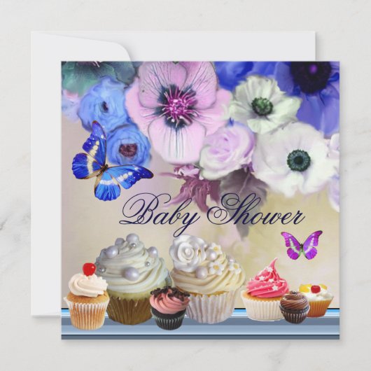 BUTTERFLY,ROSE,BLUME,KUPFKEN Blue Baby Dusche Einladung (Vorderseite)