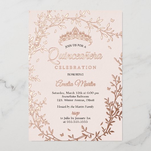 Butterfly Rose Gold Leaf Wreath Quinceanera Folieneinladung (Vorderseite)