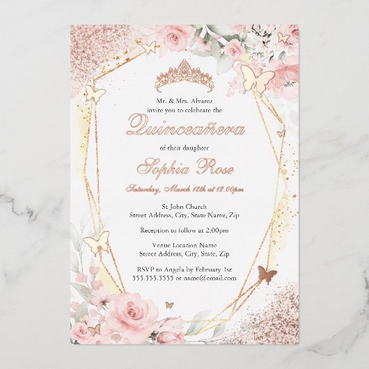 Butterfly Rose Gold Pink Blush Bloral Quinceanera Folieneinladung (Vorderseite)