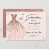 Butterfly Rose Gold Sparkleider Quinceanera Einladung (Vorne/Hinten)