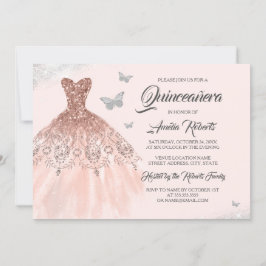 Butterfly Rose Gold Sparkleider Quinceanera Einladung