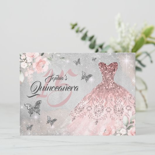Butterfly Rose Gold Sparkleider Quinceanera Einladung (Stehend Vorderseite)