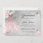 Butterfly Rose Gold Sparkleider Quinceanera Einladung (Rückseite)