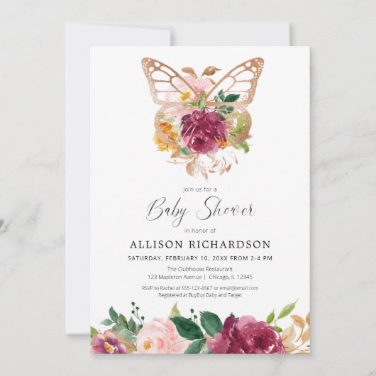 Butterfly-Rose Goldbrust Einladung (Vorderseite)