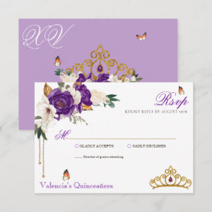 Butterfly Rose Royal Lila Gold Tiara Quinceanera RSVP Karte