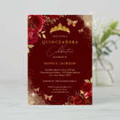 Butterfly Rote Rose Gold Tiara Quinceanera Folieneinladung (Stehend vorne)