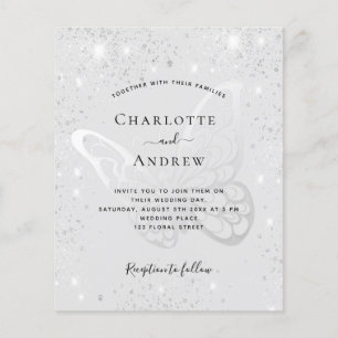 Butterfly Silber Glitzer Hochzeitsbudget Flyer