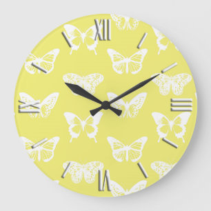 Butterfly sketch, mustard gold and white große wanduhr