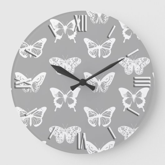 Butterfly sketch, silver grey and white große wanduhr (Vorderseite)