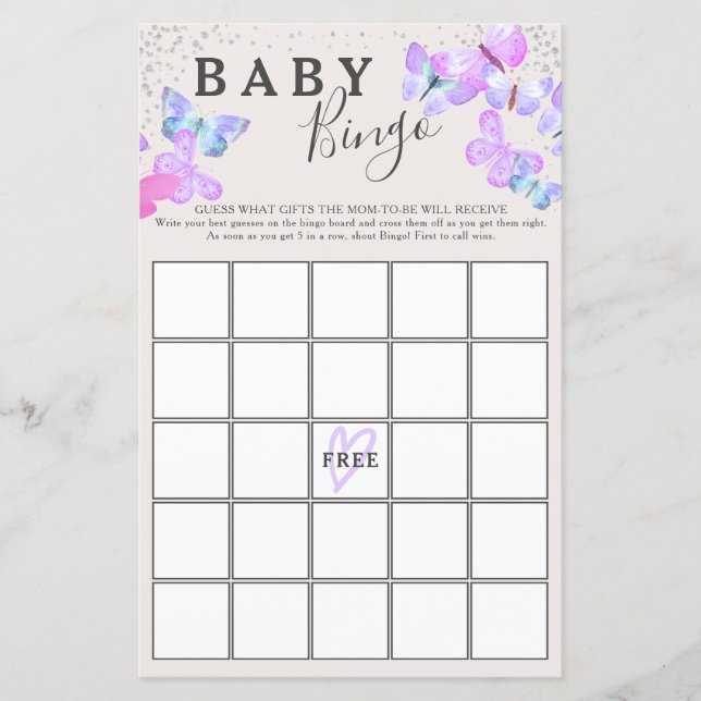 Butterfly Skies Butterfly Baby Dusche Bingo Spiel (Vorderseite)