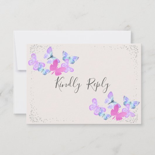Butterfly Skies Pink Silver Confetti RSVP Karte (Vorderseite)