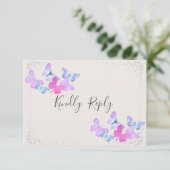 Butterfly Skies Pink Silver Confetti RSVP Karte (Stehend Vorderseite)