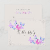 Butterfly Skies Pink Silver Confetti RSVP Karte (Vorne/Hinten)