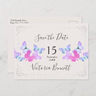 Butterfly Skies Pink Silver Confetti Save the Date Ankündigungspostkarte