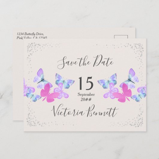 Butterfly Skies Pink Silver Confetti Save the Date Ankündigungspostkarte (Vorne/Hinten)