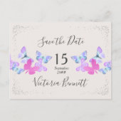 Butterfly Skies Pink Silver Confetti Save the Date Ankündigungspostkarte (Vorderseite)
