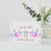 Butterfly Skies Pink Silver Confetti Save the Date Ankündigungspostkarte (Stehend Vorderseite)
