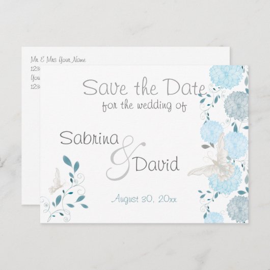 Butterfly Sky Blue Chrysanthema Save the Date Ankündigungspostkarte (Vorne/Hinten)