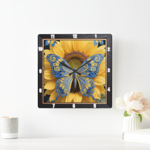 Butterfly Sonnenblume Natur Quadratische Wanduhr