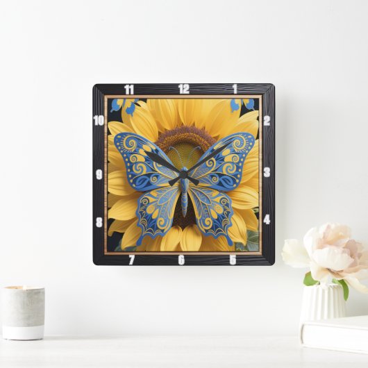Butterfly Sonnenblume Natur Quadratische Wanduhr (Zuhause)