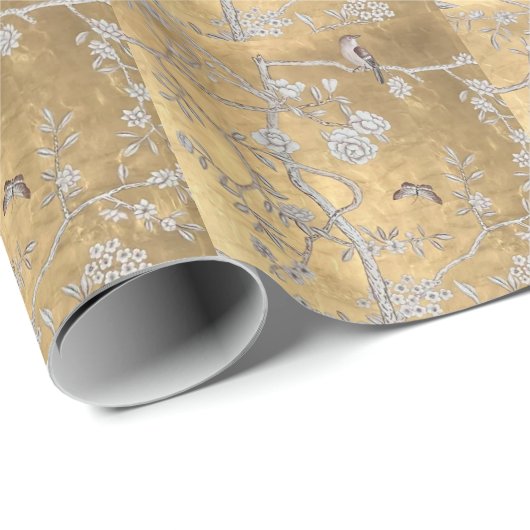Butterfly & Sparrow Golden Oriental Garden Scene Geschenkpapier (Rolleneckpunkt)