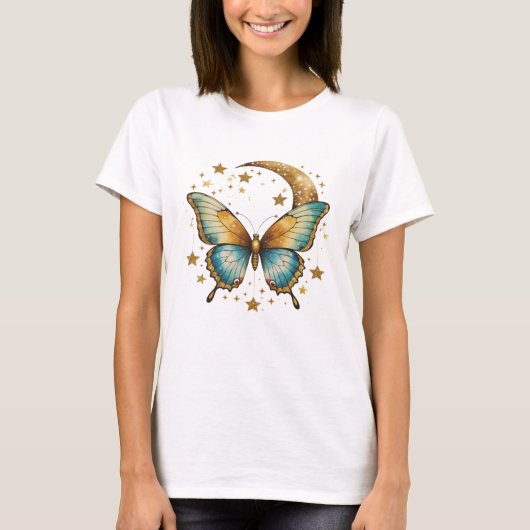 Butterfly Stars Celestial Black Gold Aquamarin Boh T-Shirt (Vorderseite)
