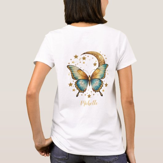 Butterfly Stars Celestial Black Gold Aquamarin Boh T-Shirt (Rückseite)