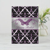 Butterfly Sweet 16 Einladen Damask Lila Sparkle Einladung (Stehend Vorderseite)
