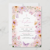 Butterfly Taufe Floral Pink Lila Girl Einladung (Vorderseite)
