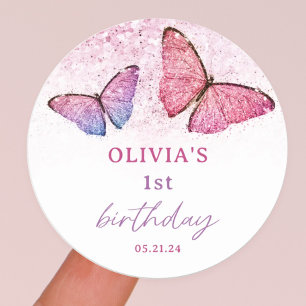 Butterfly Thema 1. Geburtstag Gastgeschenk Runder Aufkleber