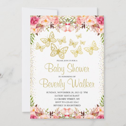 Butterfly Theme Babydusche botanische Blüte Einladung (Vorderseite)