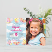 Butterfly Theme Geburtstagsparty Foto Einladung (Stehend Vorderseite)