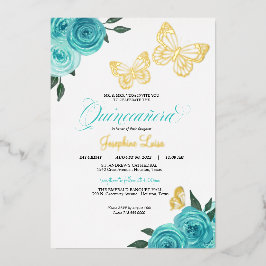 Butterfly Turquoise Rose Quinceanera Real Folieneinladung