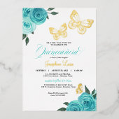 Butterfly Turquoise Rose Quinceanera Real Folieneinladung (Vorderseite)