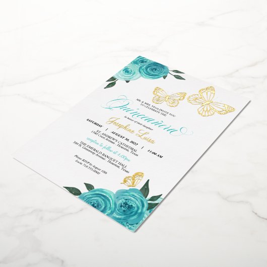 Butterfly Turquoise Rose Quinceanera Real Folieneinladung (Gedreht)