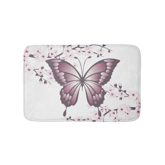 Butterfly und Cherry Blossom Mauve Badematte (Vorderseite)