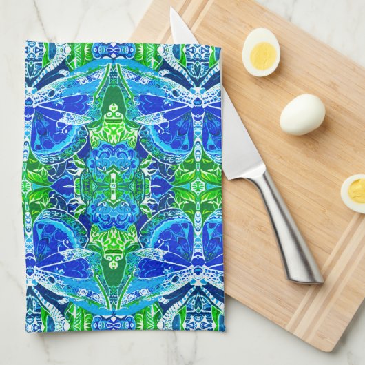 Butterfly und Medallion Batik Muster in Blau Geschirrtuch (Viertel Falte)