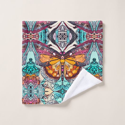 Butterfly und Medallion Batik Muster in Orange Badhandtuch Set (Waschlappen)