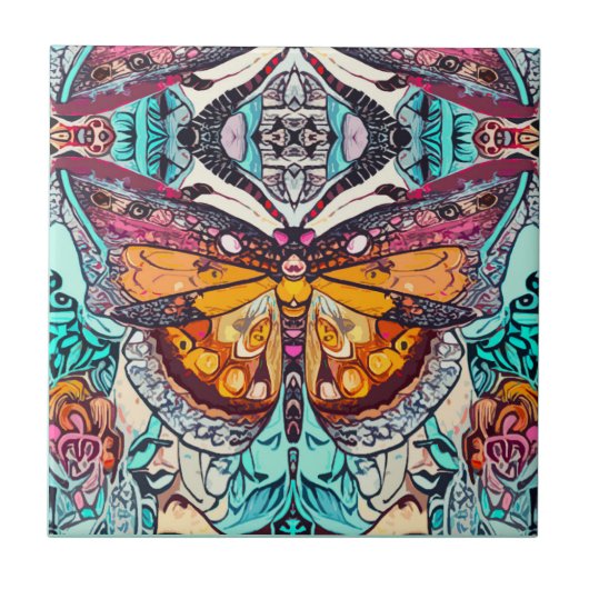 Butterfly und Medallion Batik Muster in Orange Fliese (Vorderseite)