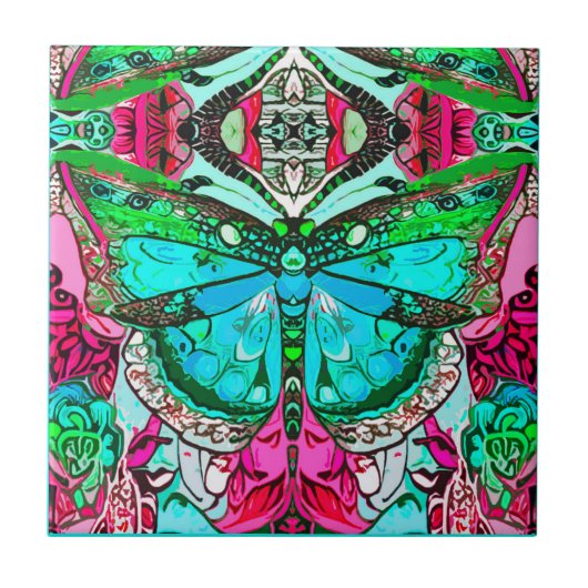 Butterfly und Medallion Batik Muster in Türkis Fliese (Vorderseite)