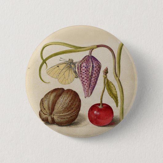 Butterfly Walnut Blume Cherry Wasserfarbe Kunst Button (Vorderseite)