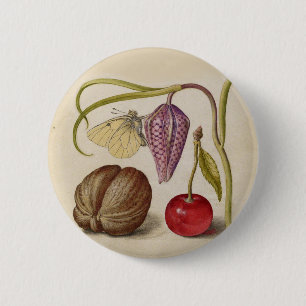 Butterfly Walnut Blume Cherry Wasserfarbe Kunst Button