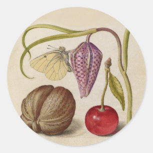 Butterfly Walnut Blume Cherry Wasserfarbe Kunst Runder Aufkleber