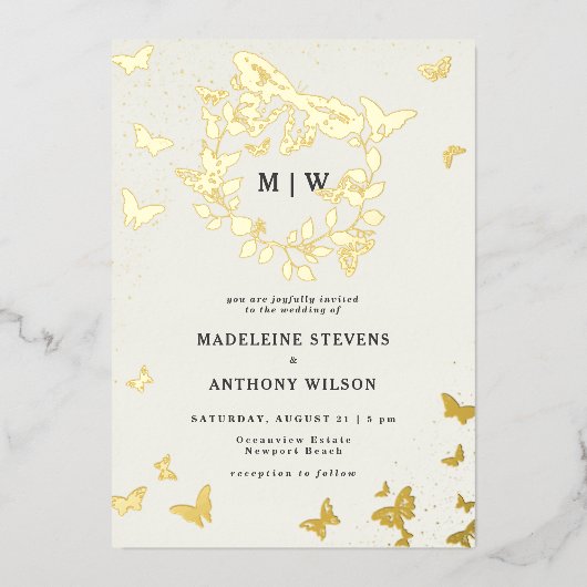 Butterfly Wappen Ivory Gold Monogramme Hochzeit Folieneinladung (Vorderseite)