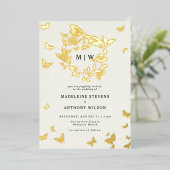 Butterfly Wappen Ivory Gold Monogramme Hochzeit Folieneinladung (Stehend vorne)