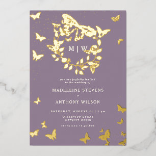 Butterfly Wappen Lilac Gold Monogramme Hochzeit Folieneinladung