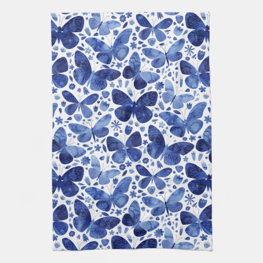 Butterfly Wasserfarbe Blau und Weiß Geschirrtuch (Vertikal)