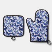 Butterfly Wasserfarbe Blau und Weiß Ofenhandschuh & Topflappen-Set (Vorderseite)