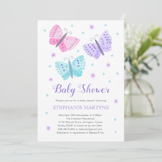 Butterfly Wasserfarbe Lila Aqua Baby Dusche Einladung (Stehend Vorderseite)